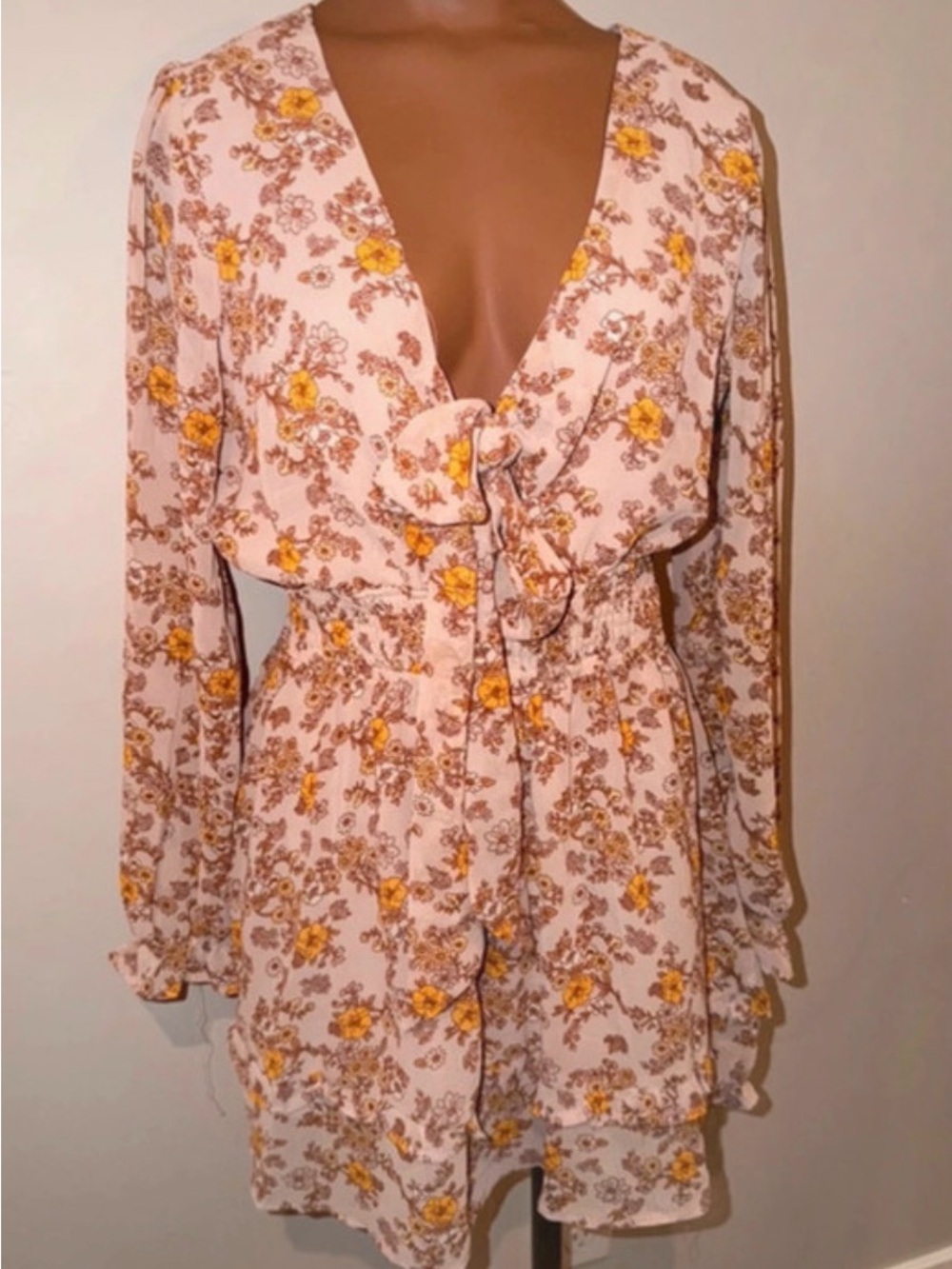 Forever 21 Pink Floral Tie-Front Long Sleeve Romper